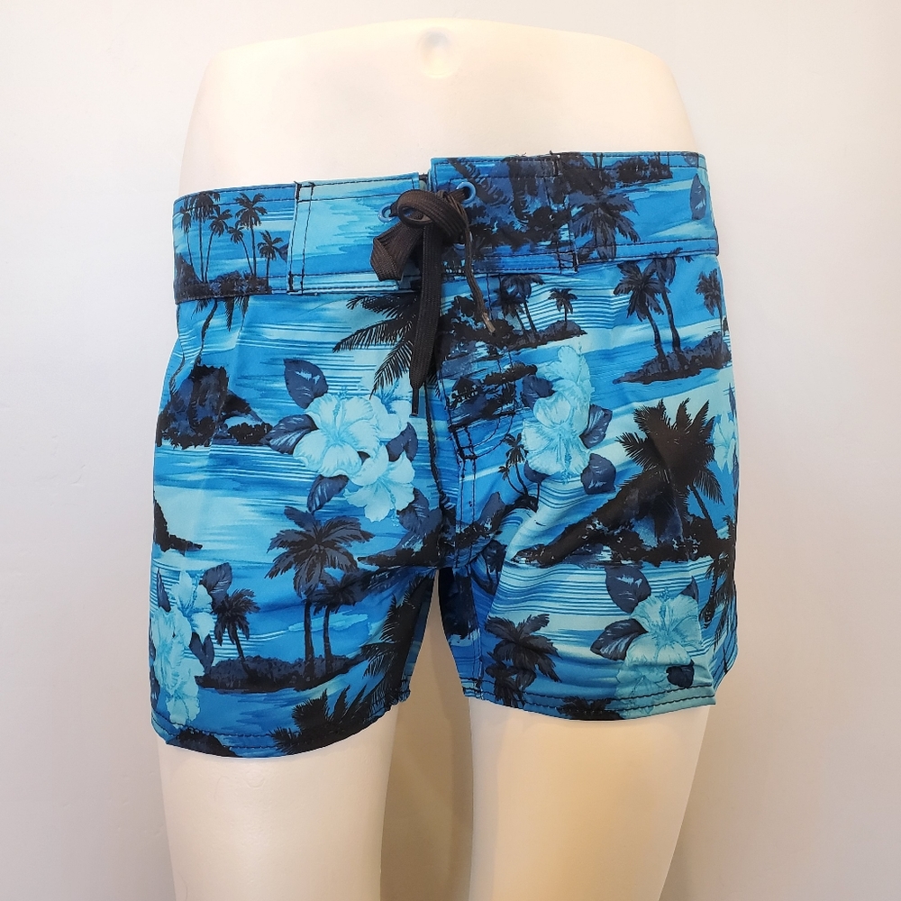 BNWT Burnside Ladies Dobby Stretch Board Shorts Blue with Palm Trees Large